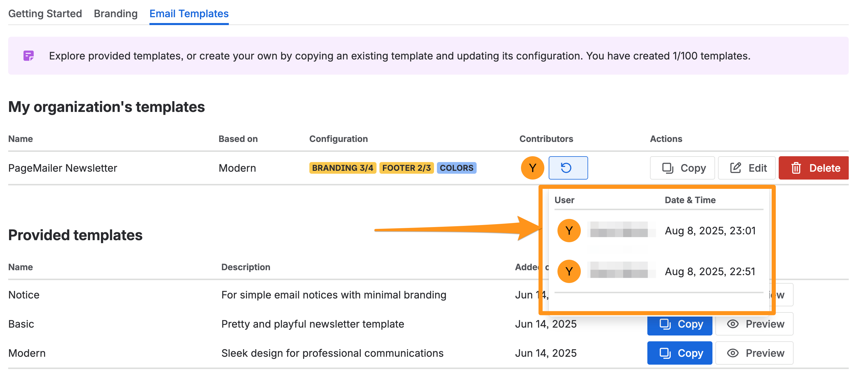 Template history and contributors